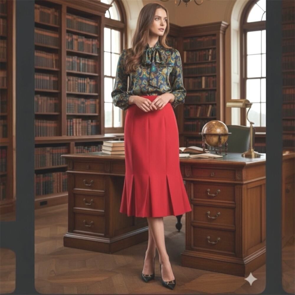 VTG Escada 100% New Wool Red Trumpet Panel Skirt Godet Flare Academia Careerwear